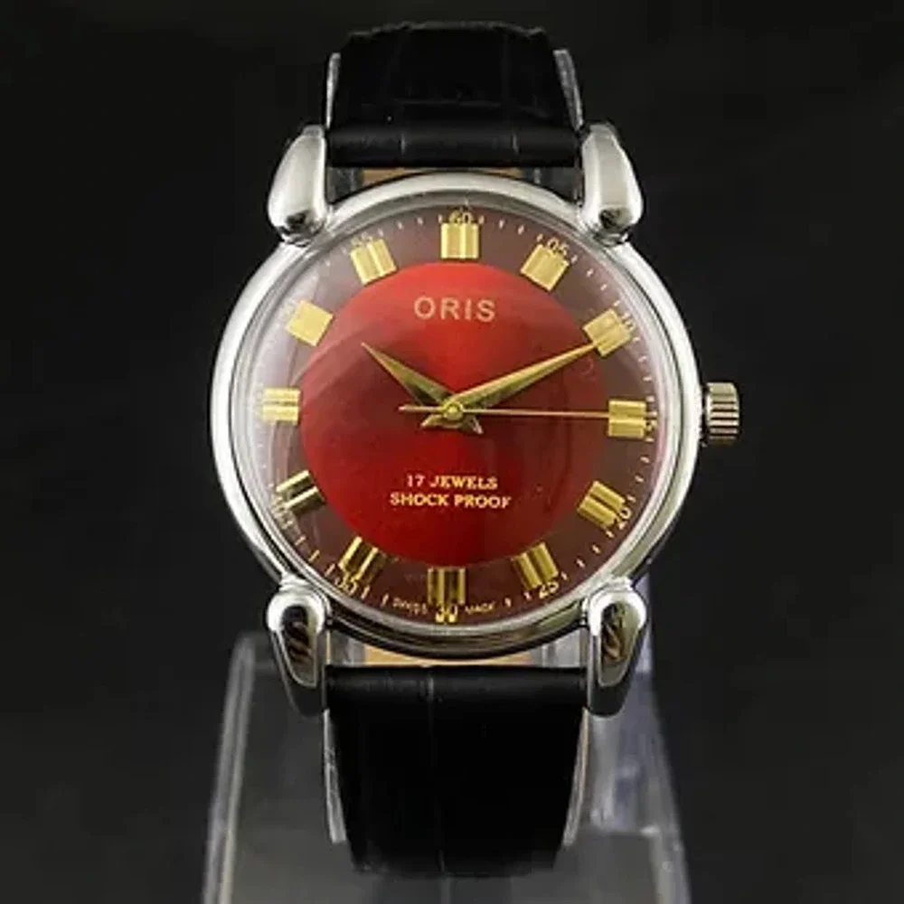 Vintage 1975 Oris Manual Mens Silver Watch W/Leather Strap & Red accents